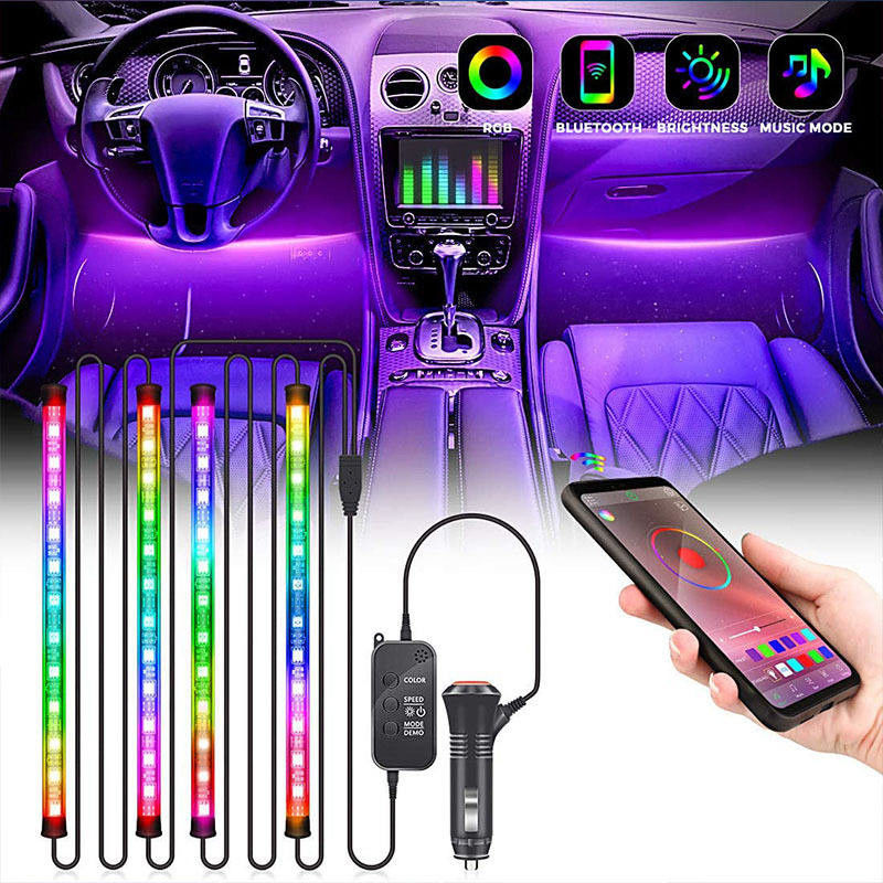 O controle azul sem fio claro conduzido do APP da música do dente da atmosfera do carro conduziu a luz ambiental do carro