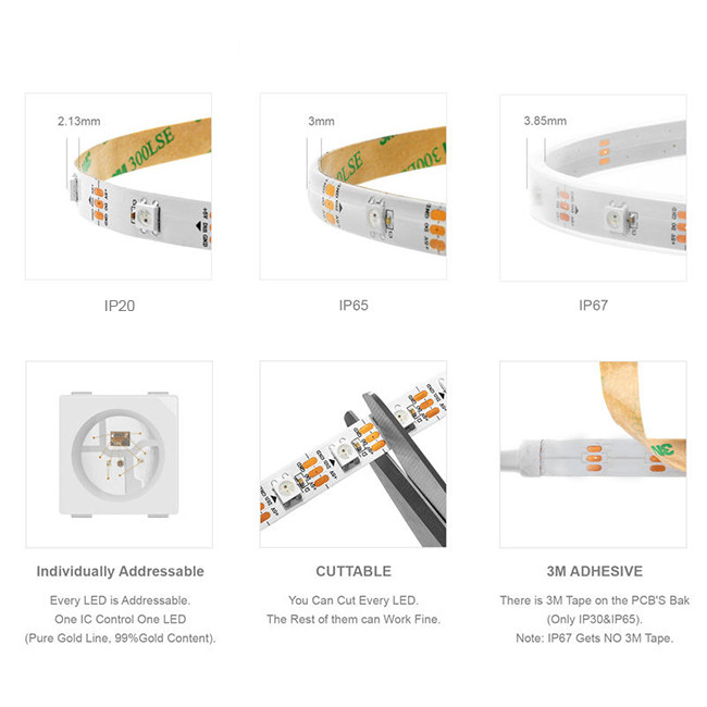 Tira 96 da luz da música do diodo emissor de luz de Ip20 Ip65 Ip67 Smart 100 144leds pixéis flexíveis Ws2812b 2